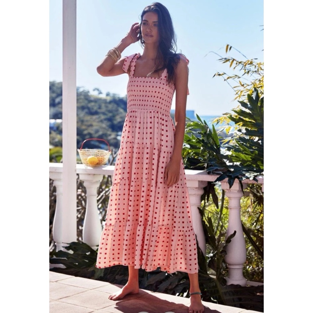 Pink Tiered Midi Dress with Tie Straps Size Small